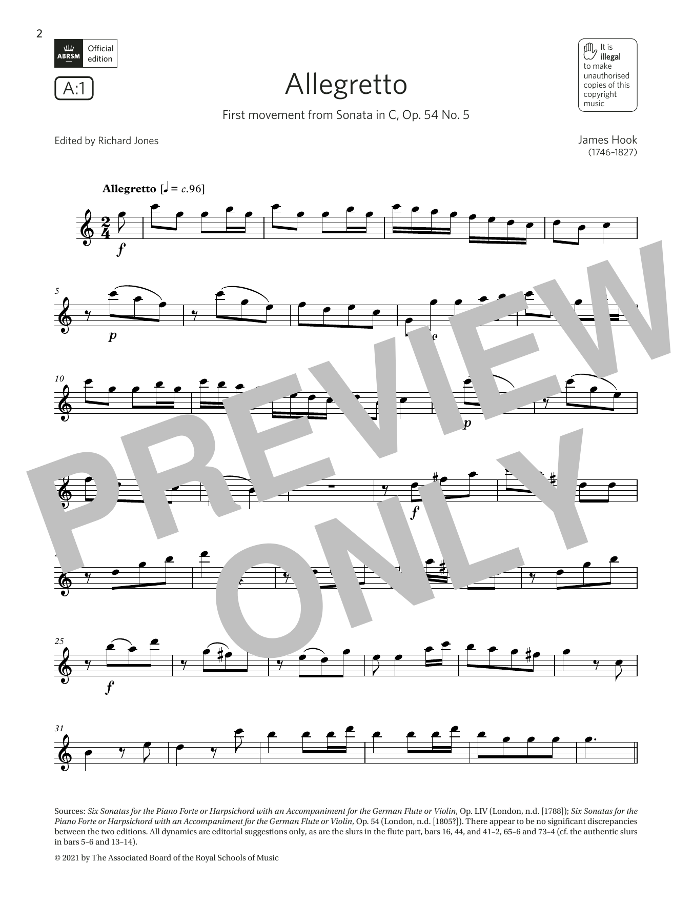 James Hook Allegretto (from Sonata in C, Op.54 No.5) (Grade 4 List A1 from the ABRSM Flute syllabus from 2022) sheet music, chords, lyrics - Printable PDF for Flute Solo
