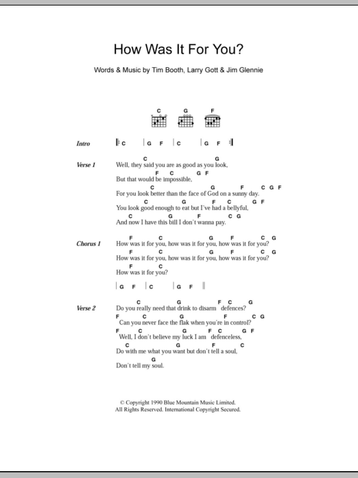 James How Was It For You? sheet music, chords, lyrics - Printable PDF for Lyrics & Chords