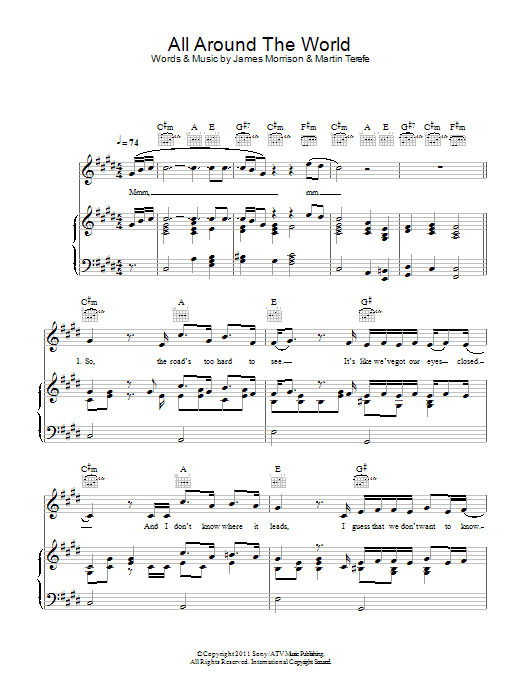 James Morrison All Around The World sheet music, chords, lyrics - Printable PDF for Piano, Vocal & Guitar (Right-Hand Melody)
