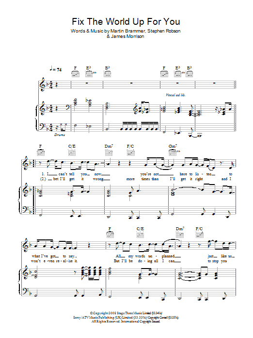 James Morrison Fix The World Up For You sheet music, chords, lyrics - Printable PDF for Piano, Vocal & Guitar