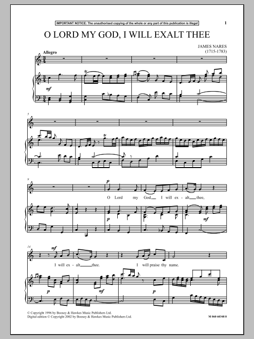 James Nares O Lord My God, I Will Exalt Thee sheet music, chords, lyrics - Printable PDF for Piano & Vocal