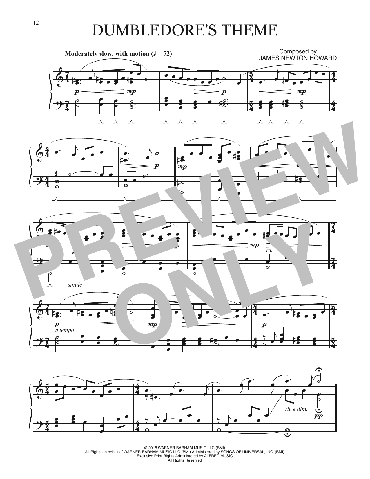 James Newton Howard Dumbeldore's Theme (from Fantastic Beasts: The Crimes Of Grindelwald) sheet music, chords, lyrics - Printable PDF for Piano Solo