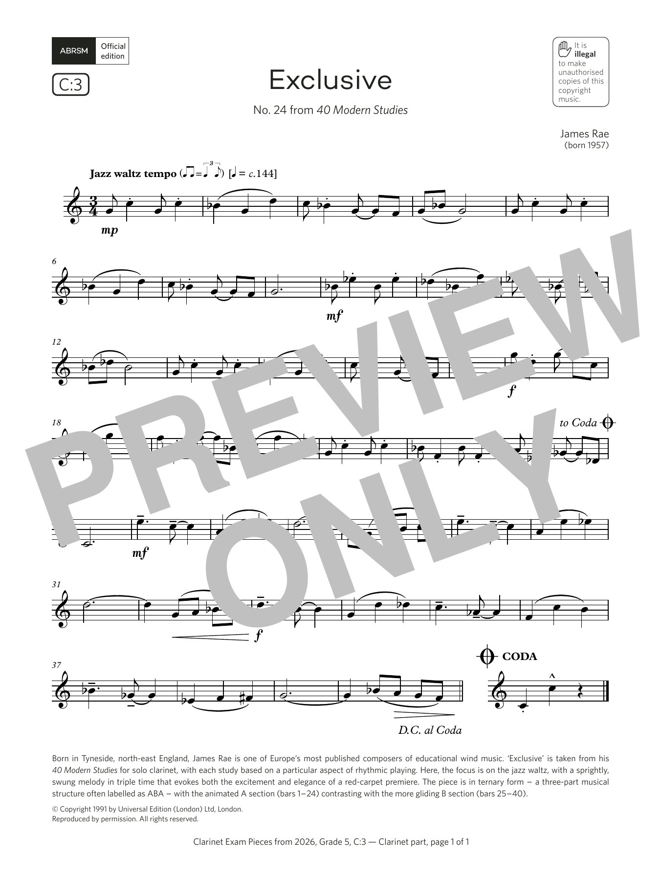 James Rae Exclusive (Grade 5, list C3, from the ABRSM Clarinet Syllabus from 2026) sheet music, chords, lyrics - Printable PDF for Clarinet Solo
