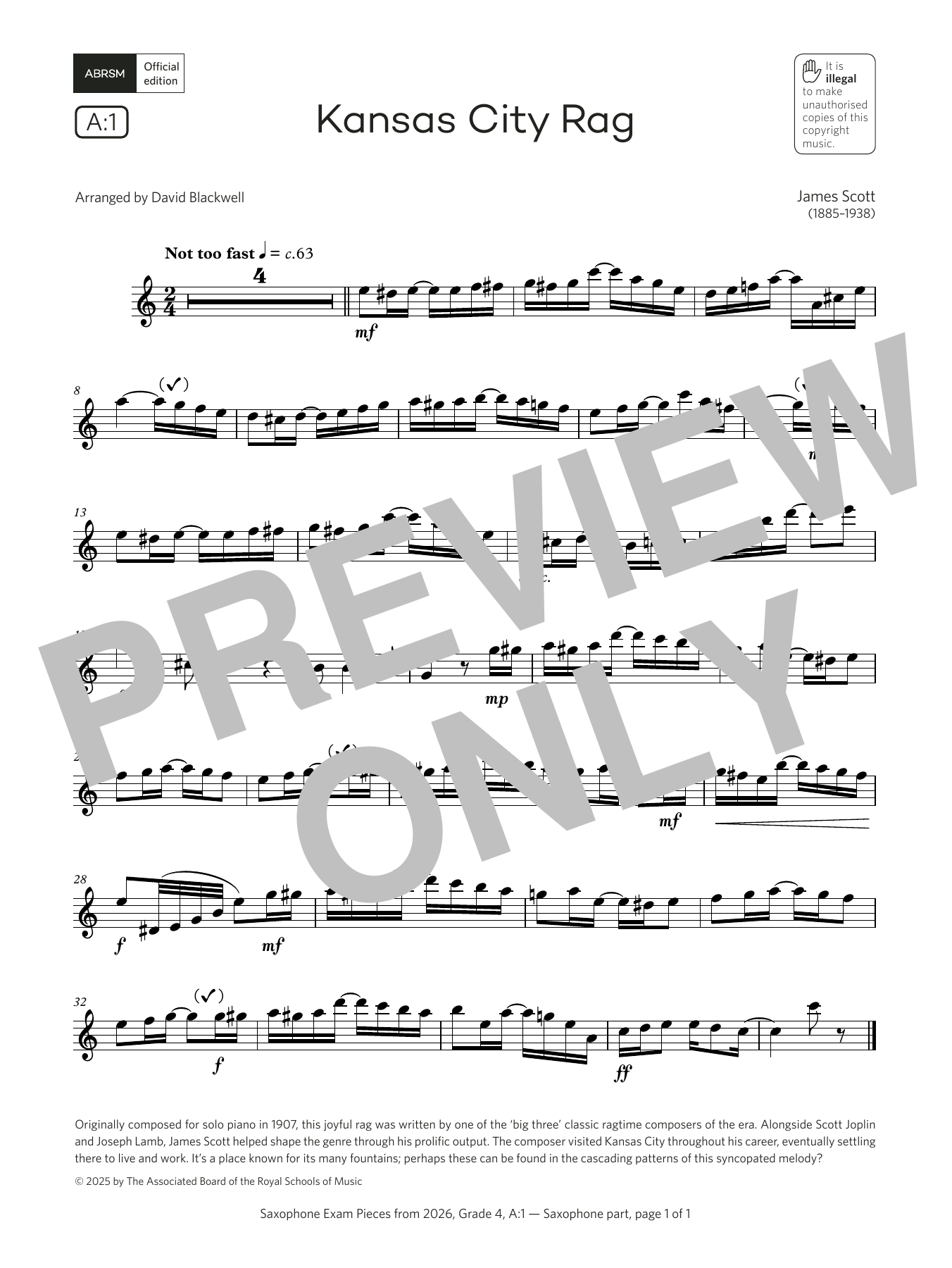 James Scott Kansas City Rag (Grade 4, list A1, from the ABRSM Saxophone Syllabus from 2026) sheet music, chords, lyrics - Printable PDF for Alto Sax Solo
