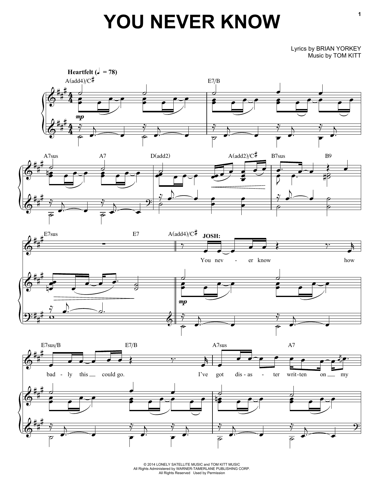 Tom Kitt You Never Know (from If/Then) sheet music, chords, lyrics - Printable PDF for Piano & Vocal