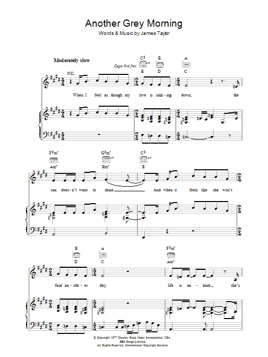 James Taylor Another Grey Morning sheet music, chords, lyrics - Printable PDF for Piano, Vocal & Guitar (Right-Hand Melody)