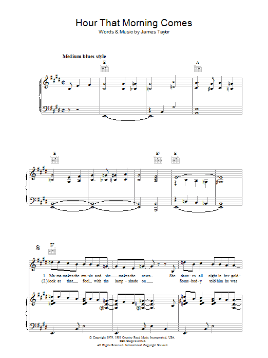 James Taylor Hour That Morning Comes sheet music, chords, lyrics - Printable PDF for Piano, Vocal & Guitar (Right-Hand Melody)