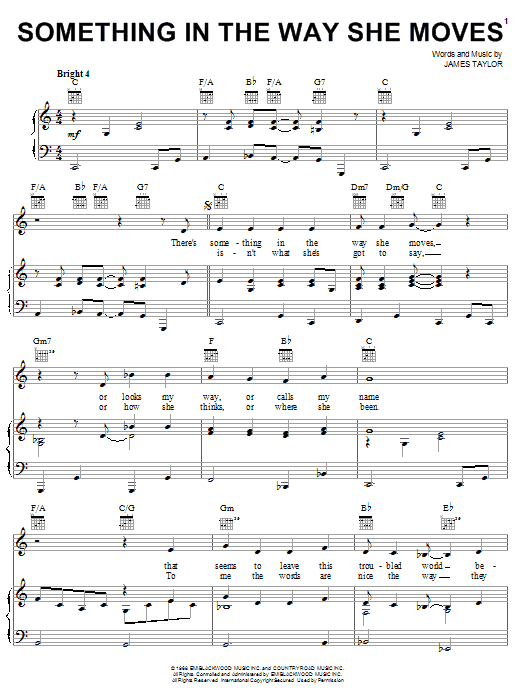 Download James Taylor Something In The Way She Moves sheet music notes and chords for Piano, Vocal & Guitar (Right-Hand Melody) - Download Printable PDF and start playing in minutes.