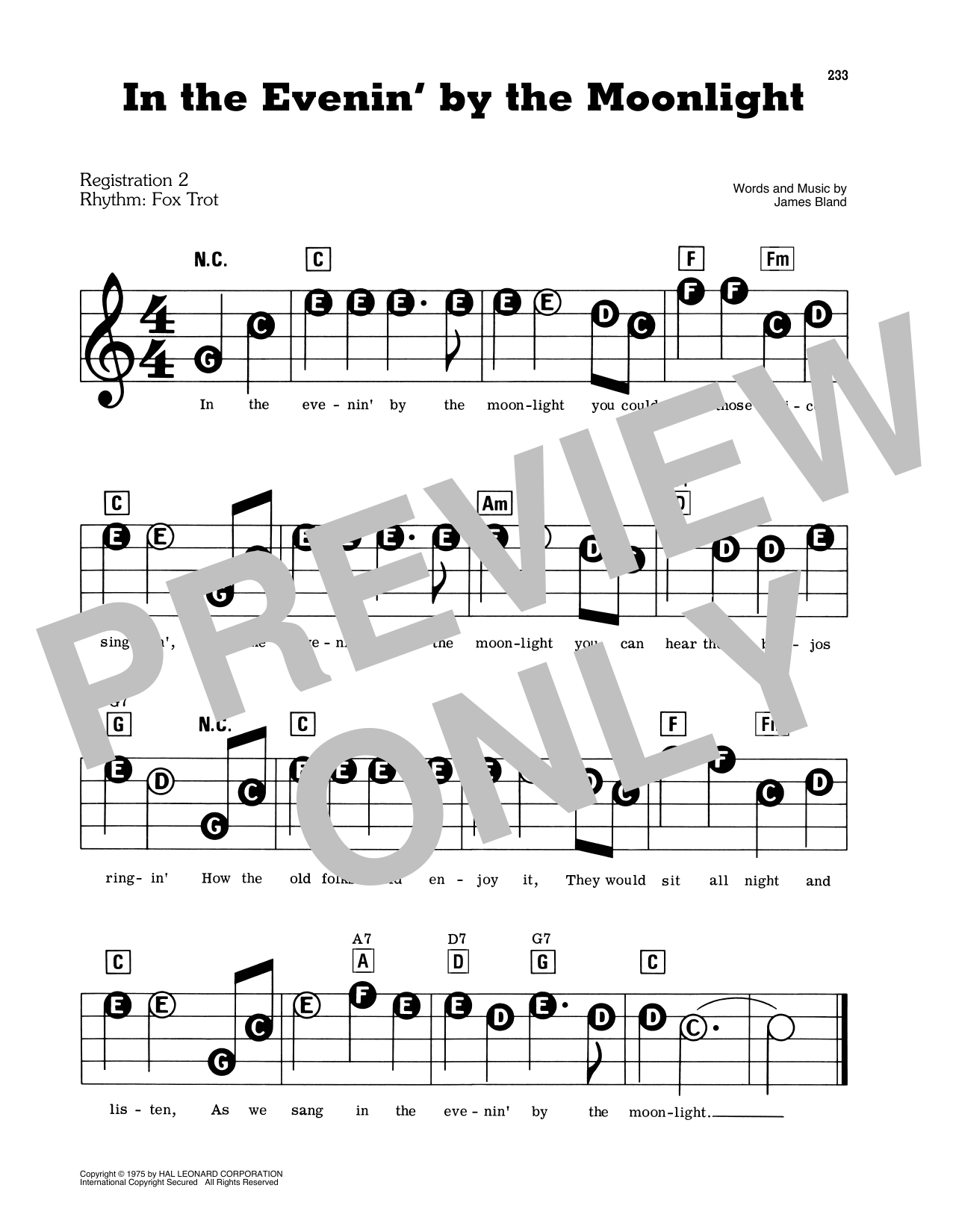 Learn to play James Bland In The Evening By The Moonlight sheet music for E-Z Play Today in minutes. James Bland In The Evening By The Moonlight sheet music preview music notes and score for E-Z Play Today including 1 page(s)