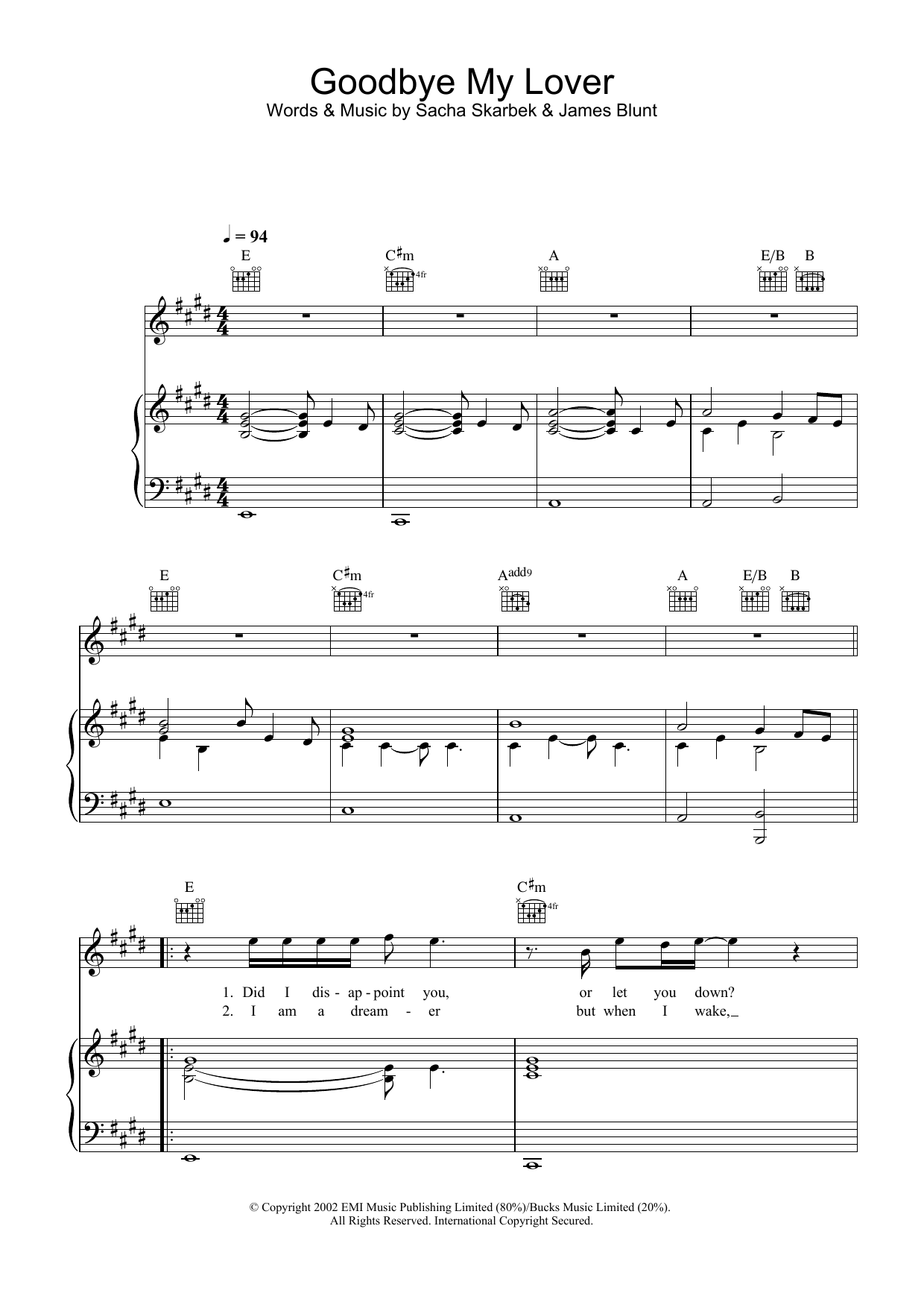 James Blunt Goodbye My Lover sheet music preview music notes and score for Melody Line, Lyrics & Chords including 3 page(s)