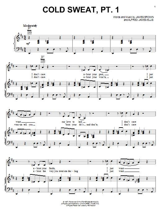 Learn to play James Brown Cold Sweat, Pt. 1 sheet music for Piano, Vocal & Guitar (Right-Hand Melody) in minutes. James Brown Cold Sweat, Pt. 1 sheet music notes and chords