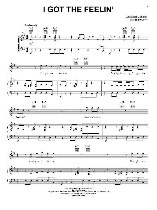 James Brown I Got The Feelin' sheet music preview music notes and score for Piano, Vocal & Guitar (Right-Hand Melody) including 5 page(s)