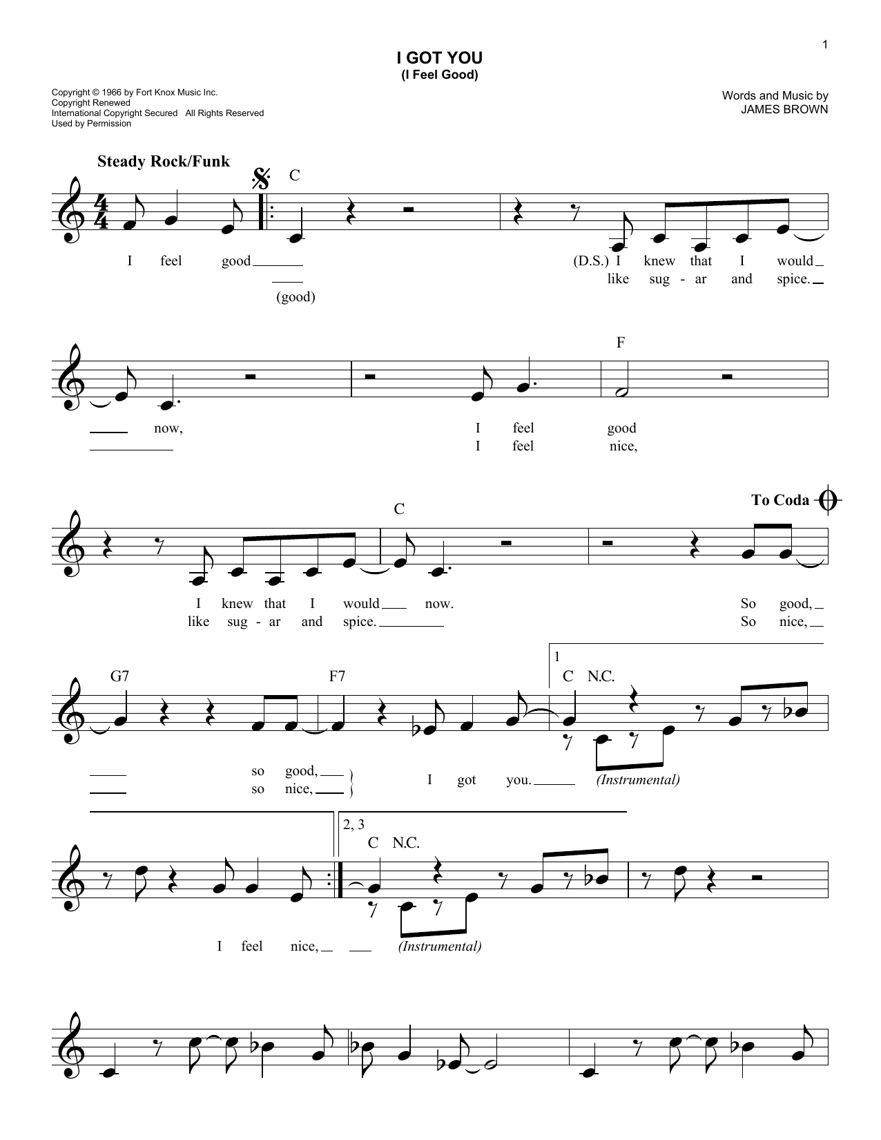 Learn to play James Brown I Got You (I Feel Good) sheet music for Guitar Tab in minutes. James Brown I Got You (I Feel Good) sheet music preview music notes and score for Guitar Tab including 4 page(s)