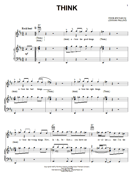 James Brown Think sheet music preview music notes and score for Piano, Vocal & Guitar (Right-Hand Melody) including 3 page(s)