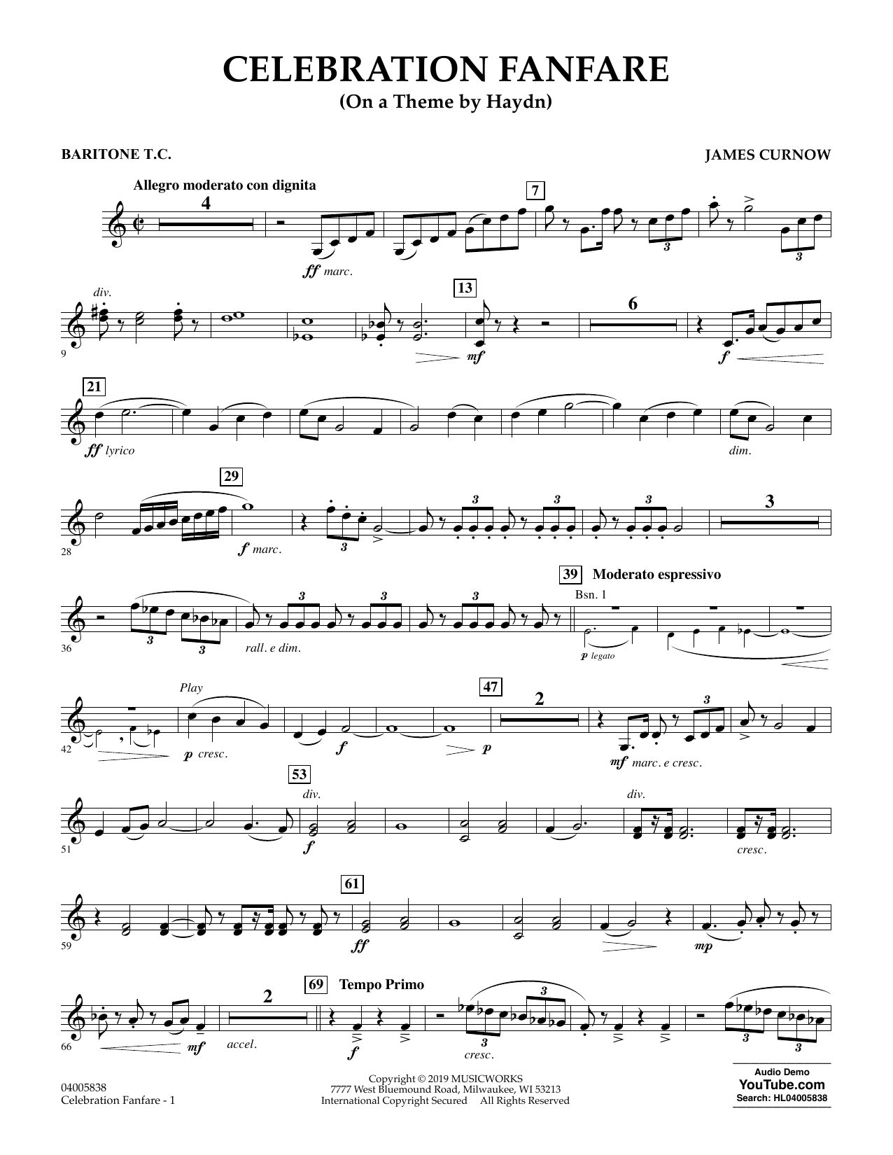 Learn to play James Curnow Celebration Fanfare (On a Theme by Haydn) - Baritone T.C. sheet music for Concert Band in minutes. James Curnow Celebration Fanfare (On a Theme by Haydn) - Baritone T.C. sheet music preview music notes and score for Concert Band including 2 page(s)