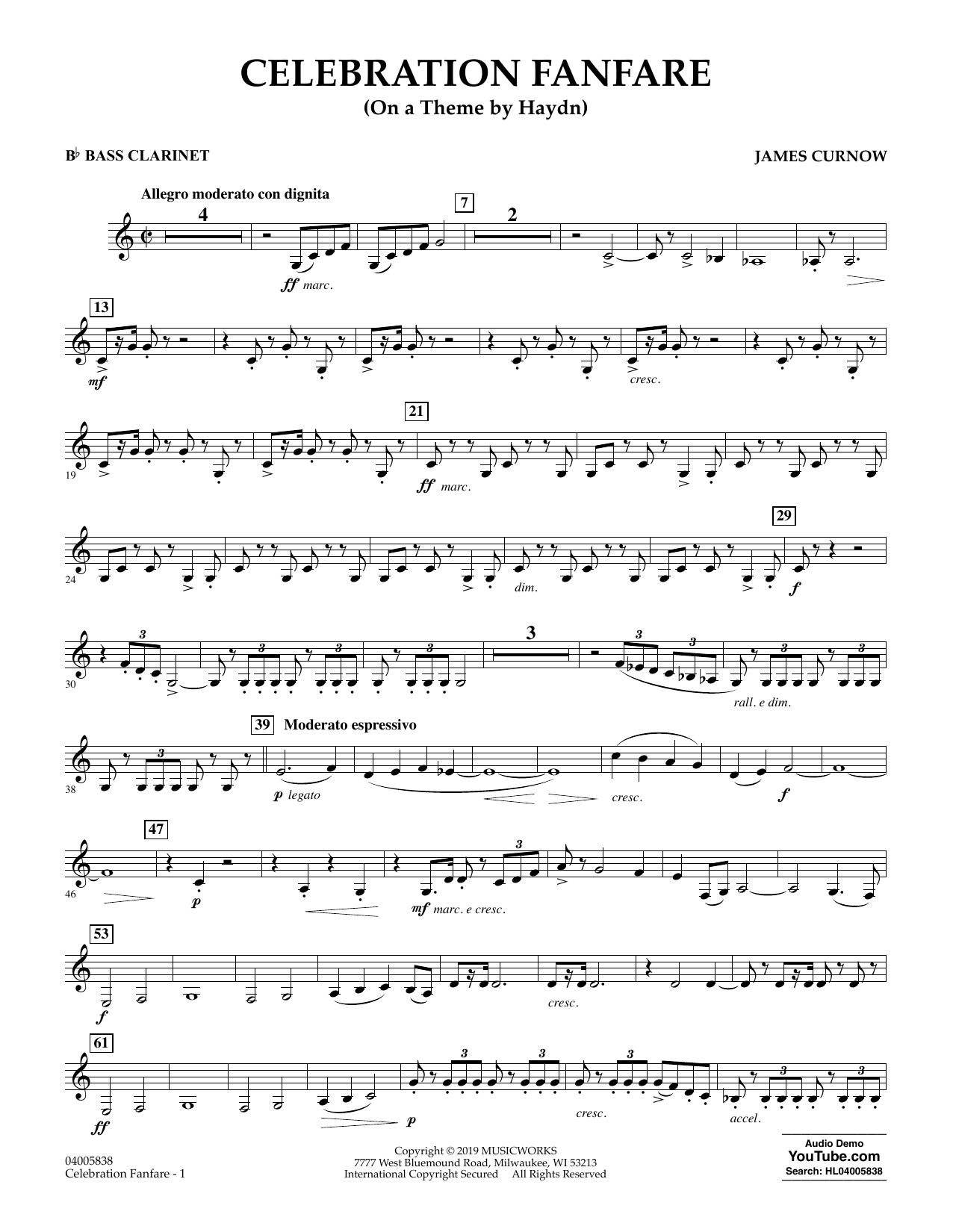 James Curnow Celebration Fanfare (On a Theme by Haydn) - Bb Bass Clarinet sheet music preview music notes and score for Concert Band including 2 page(s)