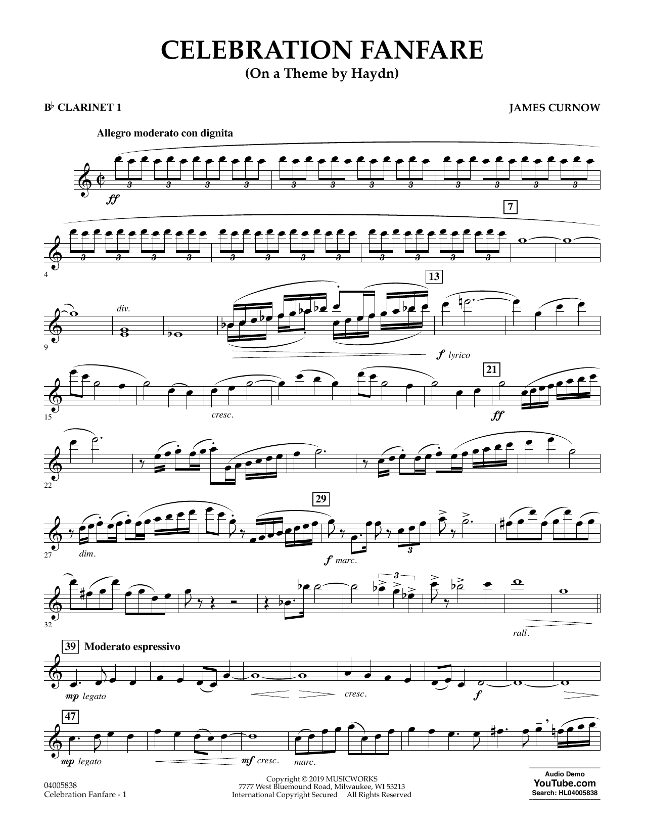 Learn to play James Curnow Celebration Fanfare (On a Theme by Haydn) - Bb Clarinet 1 sheet music for Concert Band in minutes. James Curnow Celebration Fanfare (On a Theme by Haydn) - Bb Clarinet 1 sheet music preview music notes and score for Concert Band including 3 page(s)