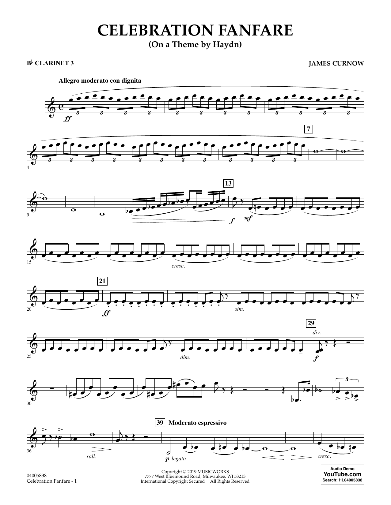 Learn to play James Curnow Celebration Fanfare (On a Theme by Haydn) - Bb Clarinet 3 sheet music for Concert Band in minutes. James Curnow Celebration Fanfare (On a Theme by Haydn) - Bb Clarinet 3 sheet music preview music notes and score for Concert Band including 3 page(s)
