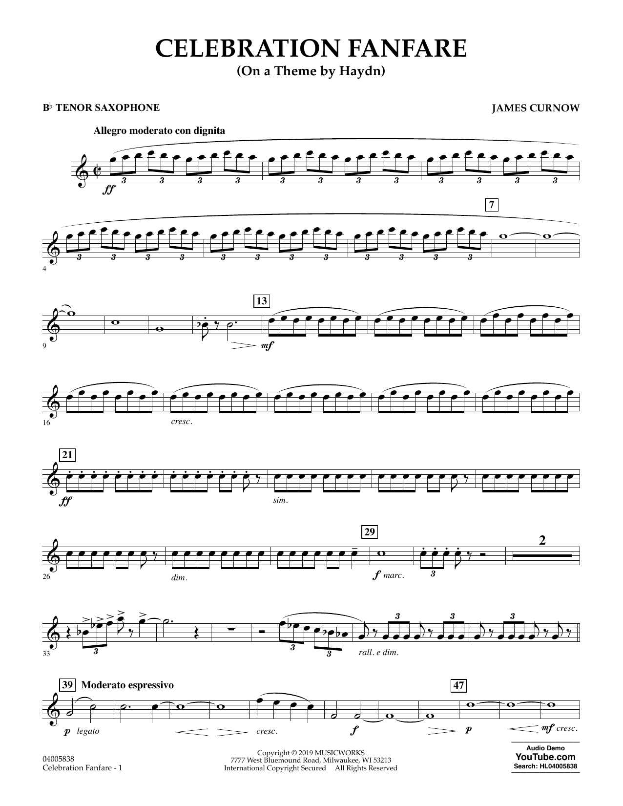Learn to play James Curnow Celebration Fanfare (On a Theme by Haydn) - Bb Tenor Saxophone sheet music for Concert Band in minutes. James Curnow Celebration Fanfare (On a Theme by Haydn) - Bb Tenor Saxophone sheet music preview music notes and score for Concert Band including 3 page(s)