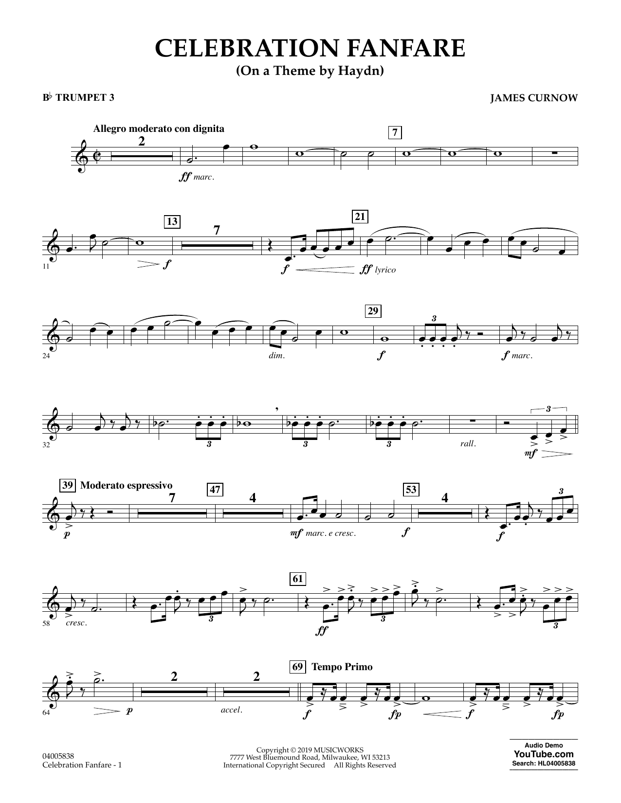 Learn to play James Curnow Celebration Fanfare (On a Theme by Haydn) - Bb Trumpet 3 sheet music for Concert Band in minutes. James Curnow Celebration Fanfare (On a Theme by Haydn) - Bb Trumpet 3 sheet music preview music notes and score for Concert Band including 2 page(s)