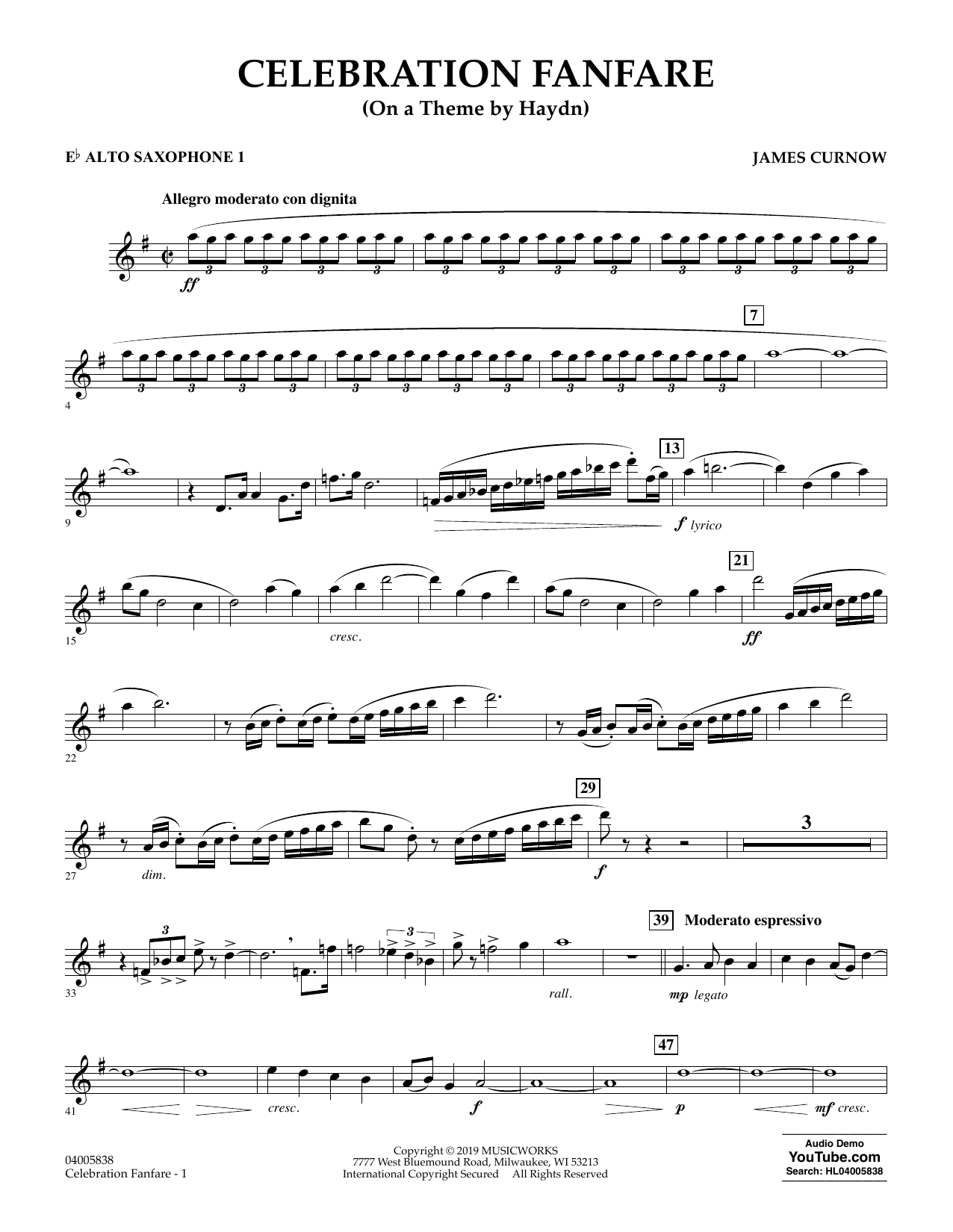 Learn to play James Curnow Celebration Fanfare (On a Theme by Haydn) - Eb Alto Saxophone 1 sheet music for Concert Band in minutes. James Curnow Celebration Fanfare (On a Theme by Haydn) - Eb Alto Saxophone 1 sheet music preview music notes and score for Concert Band including 3 page(s)
