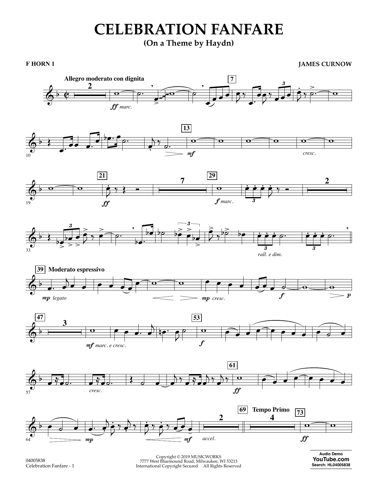 James Curnow Celebration Fanfare (On a Theme by Haydn) - F Horn 1 sheet music preview music notes and score for Concert Band including 2 page(s)