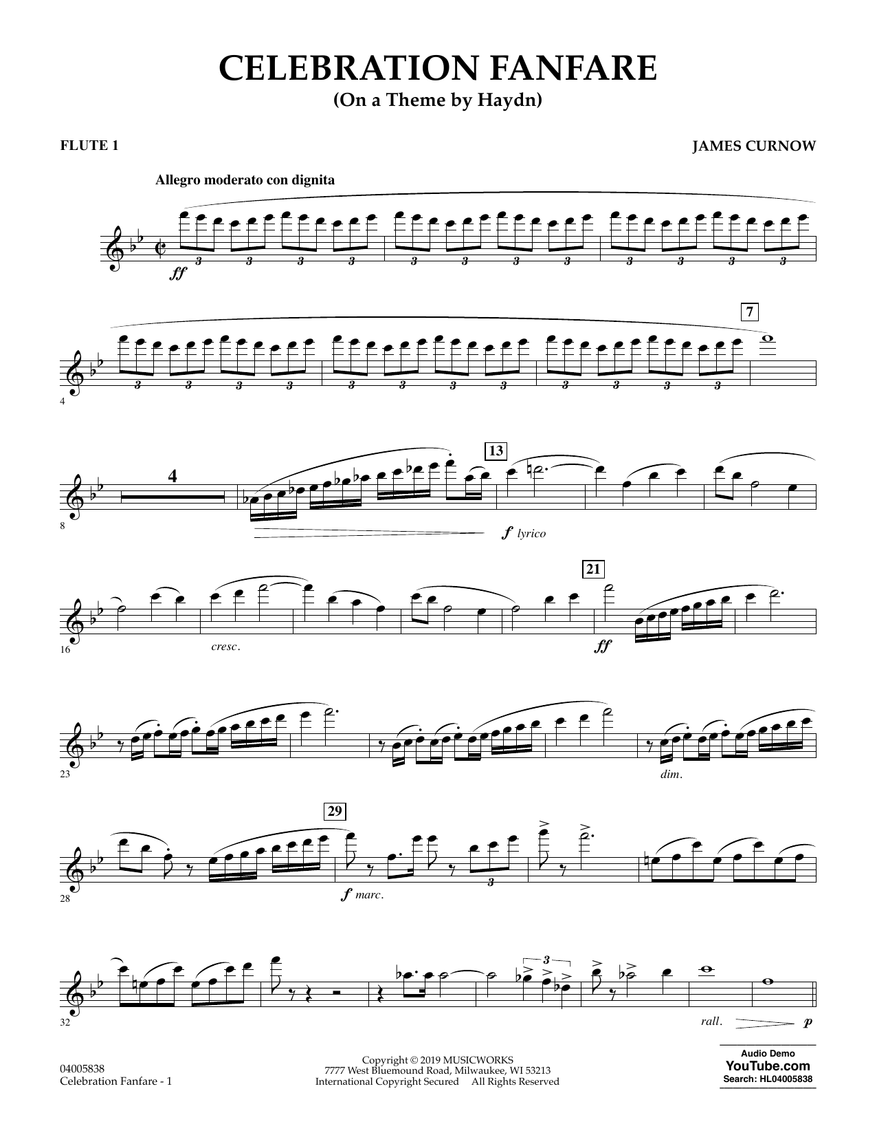 Learn to play James Curnow Celebration Fanfare (On a Theme by Haydn) - Flute 1 sheet music for Concert Band in minutes. James Curnow Celebration Fanfare (On a Theme by Haydn) - Flute 1 sheet music preview music notes and score for Concert Band including 3 page(s)