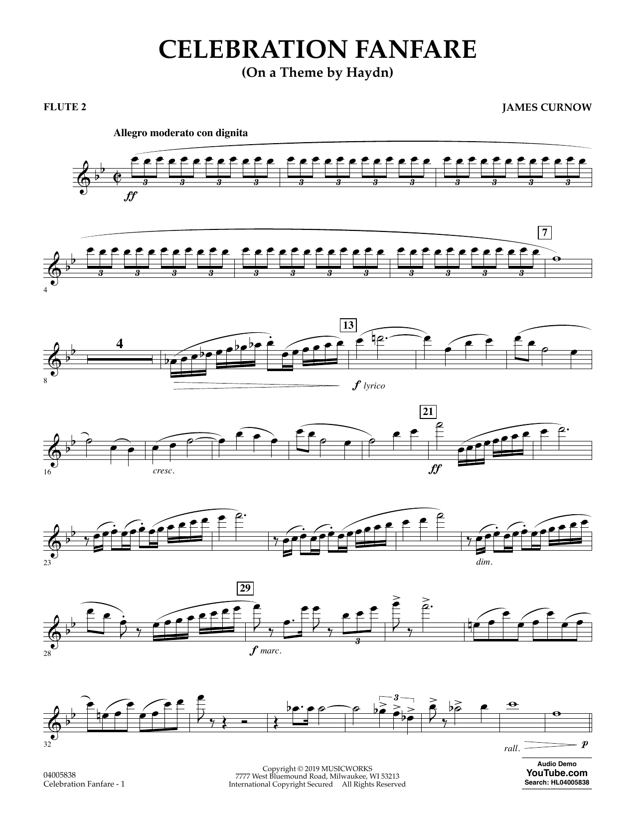 James Curnow Celebration Fanfare (On a Theme by Haydn) - Flute 2 sheet music preview music notes and score for Concert Band including 3 page(s)