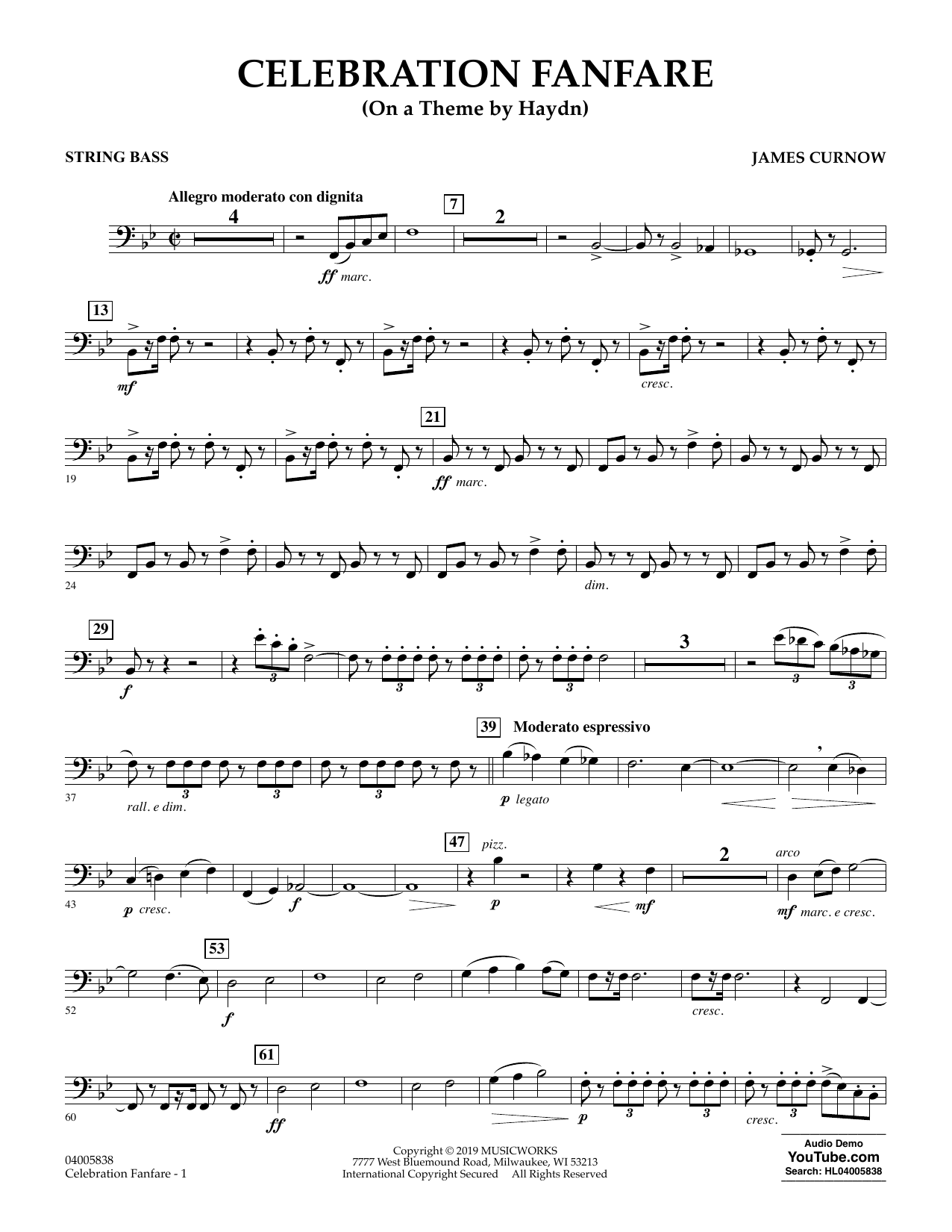 Learn to play James Curnow Celebration Fanfare (On a Theme by Haydn) - String Bass sheet music for Concert Band in minutes. James Curnow Celebration Fanfare (On a Theme by Haydn) - String Bass sheet music preview music notes and score for Concert Band including 2 page(s)