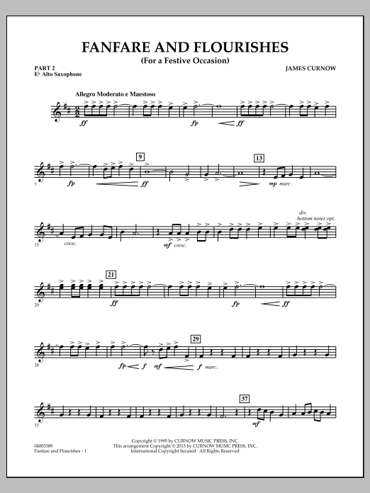 Learn to play James Curnow Fanfare and Flourishes (for a Festive Occasion) - Pt.2 - Eb Alto Saxophone sheet music for Concert Band in minutes. James Curnow Fanfare and Flourishes (for a Festive Occasion) - Pt.2 - Eb Alto Saxophone sheet music notes and chords