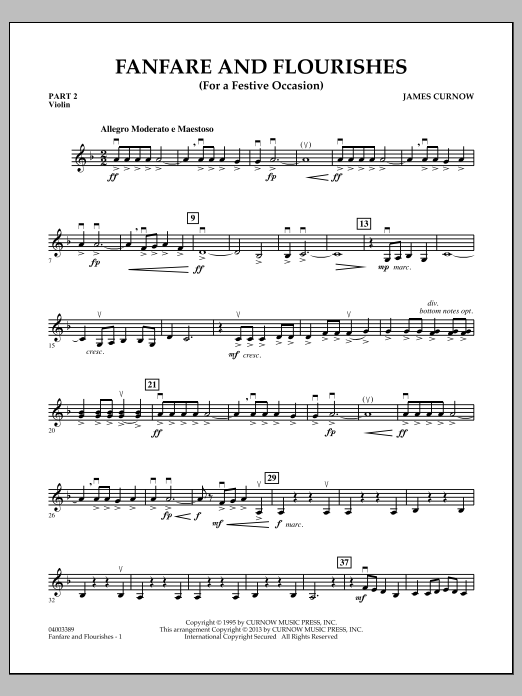 Learn to play James Curnow Fanfare and Flourishes (for a Festive Occasion) - Pt.2 - Violin sheet music for Concert Band in minutes. James Curnow Fanfare and Flourishes (for a Festive Occasion) - Pt.2 - Violin sheet music notes and chords