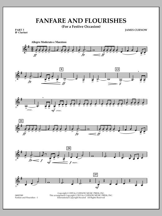 Learn to play James Curnow Fanfare and Flourishes (for a Festive Occasion) - Pt.3 - Bb Clarinet sheet music for Concert Band in minutes. James Curnow Fanfare and Flourishes (for a Festive Occasion) - Pt.3 - Bb Clarinet sheet music notes and chords