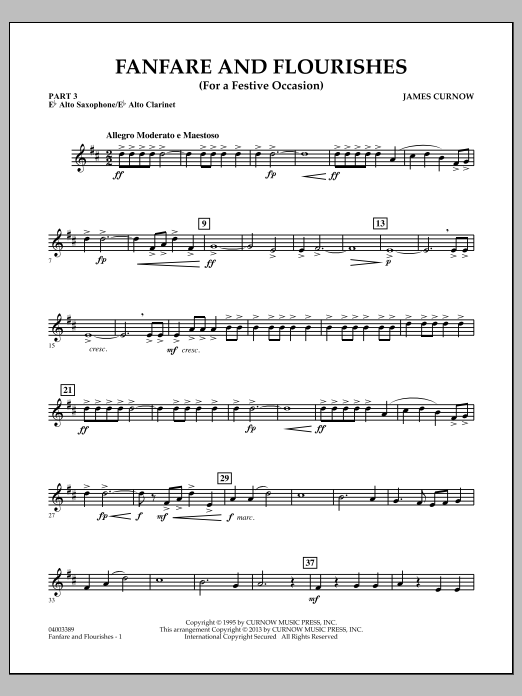 Learn to play James Curnow Fanfare and Flourishes (for a Festive Occasion) - Pt.3 - Eb Alto Sax/Alto Clar. sheet music for Concert Band in minutes. James Curnow Fanfare and Flourishes (for a Festive Occasion) - Pt.3 - Eb Alto Sax/Alto Clar. sheet music notes and chords
