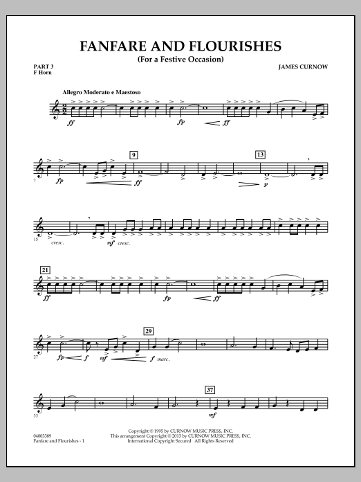 Learn to play James Curnow Fanfare and Flourishes (for a Festive Occasion) - Pt.3 - F Horn sheet music for Concert Band in minutes. James Curnow Fanfare and Flourishes (for a Festive Occasion) - Pt.3 - F Horn sheet music notes and chords