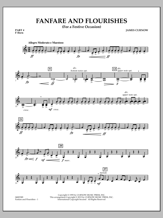 Learn to play James Curnow Fanfare and Flourishes (for a Festive Occasion) - Pt.4 - F Horn sheet music for Concert Band in minutes. James Curnow Fanfare and Flourishes (for a Festive Occasion) - Pt.4 - F Horn sheet music notes and chords