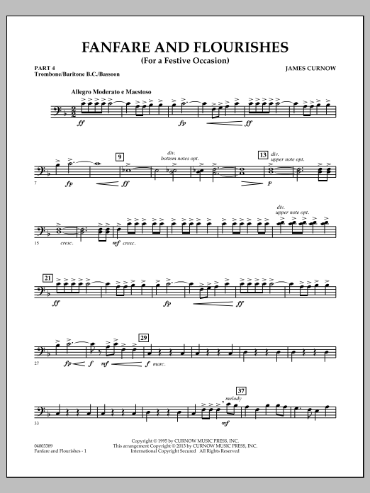 Learn to play James Curnow Fanfare and Flourishes (for a Festive Occasion) - Pt.4 - Trombone/Bar. B.C./Bsn. sheet music for Concert Band in minutes. James Curnow Fanfare and Flourishes (for a Festive Occasion) - Pt.4 - Trombone/Bar. B.C./Bsn. sheet music notes and chords