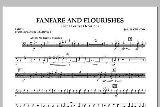 Learn to play James Curnow Fanfare and Flourishes (for a Festive Occasion) - Pt.5 - Trombone/Bar. B.C./Bsn. sheet music for Concert Band in minutes. James Curnow Fanfare and Flourishes (for a Festive Occasion) - Pt.5 - Trombone/Bar. B.C./Bsn. sheet music notes and chords