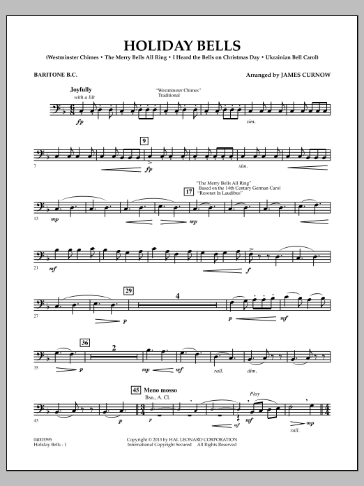 Learn to play James Curnow Holiday Bells - Baritone B.C. sheet music for Concert Band in minutes. James Curnow Holiday Bells - Baritone B.C. sheet music notes and chords