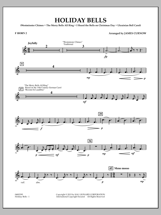 Learn to play James Curnow Holiday Bells - F Horn 2 sheet music for Concert Band in minutes. James Curnow Holiday Bells - F Horn 2 sheet music notes and chords