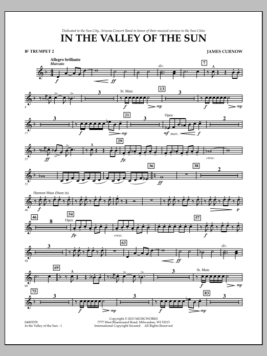 Learn to play James Curnow In the Valley of the Sun - Bb Trumpet 2 sheet music for Concert Band in minutes. James Curnow In the Valley of the Sun - Bb Trumpet 2 sheet music notes and chords
