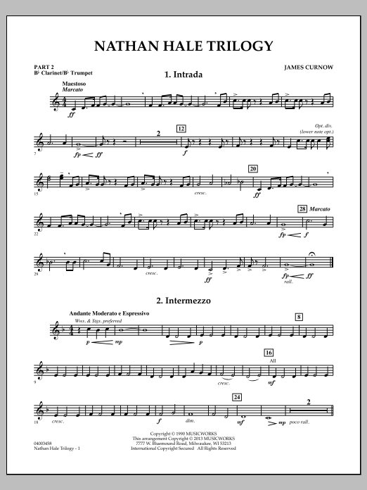 Learn to play James Curnow Nathan Hale Trilogy - Pt.2 - Bb Clarinet/Bb Trumpet sheet music for Concert Band in minutes. James Curnow Nathan Hale Trilogy - Pt.2 - Bb Clarinet/Bb Trumpet sheet music notes and chords