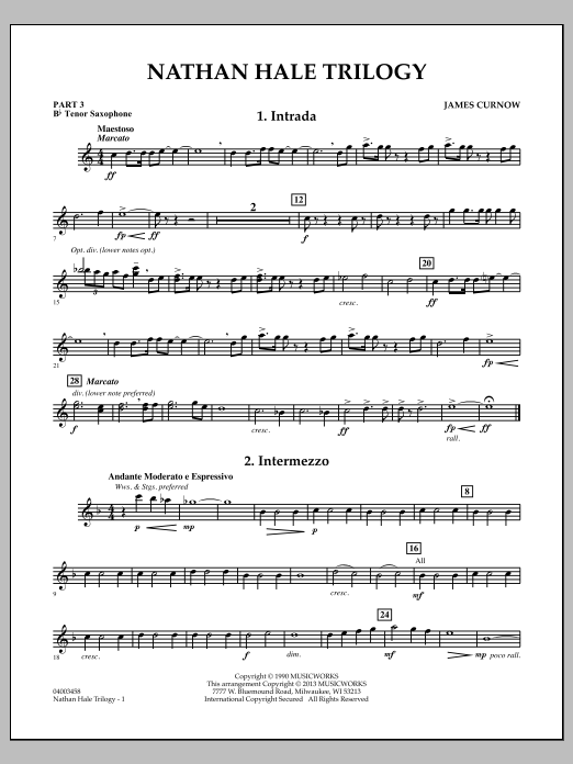 Learn to play James Curnow Nathan Hale Trilogy - Pt.3 - Bb Tenor Saxophone sheet music for Concert Band in minutes. James Curnow Nathan Hale Trilogy - Pt.3 - Bb Tenor Saxophone sheet music notes and chords