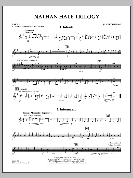 Learn to play James Curnow Nathan Hale Trilogy - Pt.3 - Eb Alto Sax/Alto Clar. sheet music for Concert Band in minutes. James Curnow Nathan Hale Trilogy - Pt.3 - Eb Alto Sax/Alto Clar. sheet music notes and chords