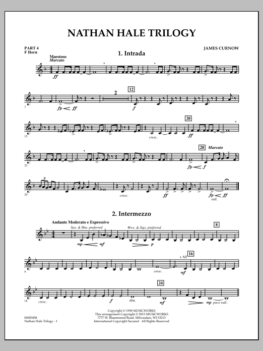 Learn to play James Curnow Nathan Hale Trilogy - Pt.4 - F Horn sheet music for Concert Band in minutes. James Curnow Nathan Hale Trilogy - Pt.4 - F Horn sheet music notes and chords