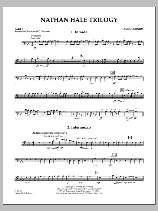 Learn to play James Curnow Nathan Hale Trilogy - Pt.4 - Trombone/Bar. B.C./Bsn. sheet music for Concert Band in minutes. James Curnow Nathan Hale Trilogy - Pt.4 - Trombone/Bar. B.C./Bsn. sheet music notes and chords
