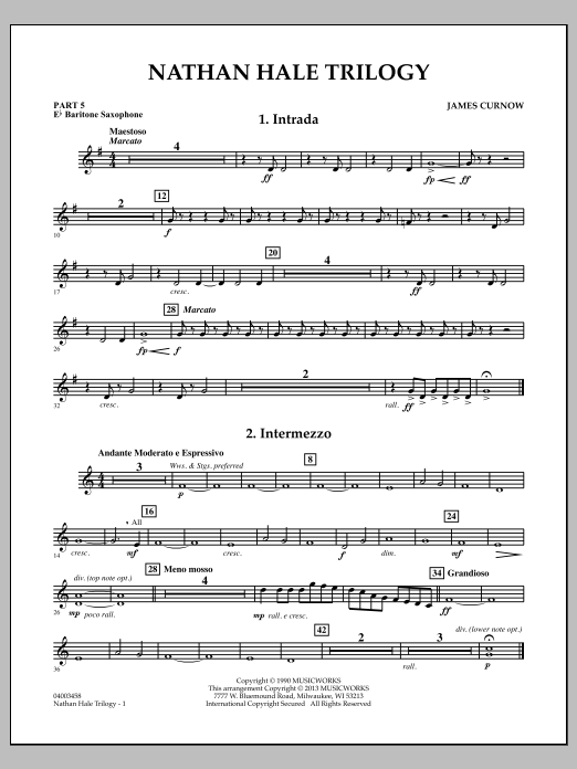Learn to play James Curnow Nathan Hale Trilogy - Pt.5 - Eb Baritone Saxophone sheet music for Concert Band in minutes. James Curnow Nathan Hale Trilogy - Pt.5 - Eb Baritone Saxophone sheet music notes and chords
