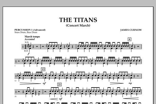 Learn to play James Curnow The Titans (Concert March) - Percussion 1 (Advanced) sheet music for Concert Band in minutes. James Curnow The Titans (Concert March) - Percussion 1 (Advanced) sheet music notes and chords