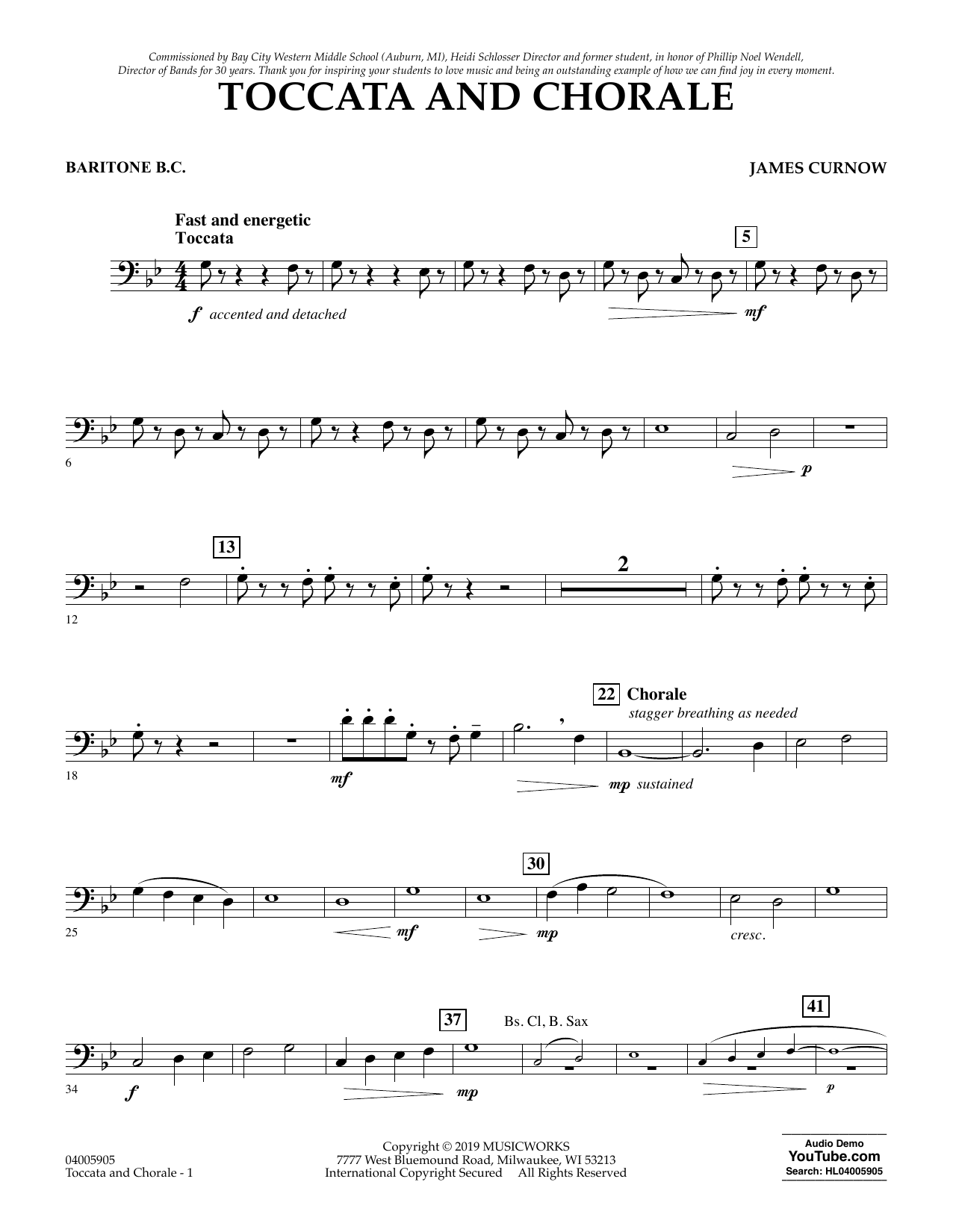 Learn to play James Curnow Toccata and Chorale - Baritone B.C. sheet music for Concert Band in minutes. James Curnow Toccata and Chorale - Baritone B.C. sheet music preview music notes and score for Concert Band including 2 page(s)