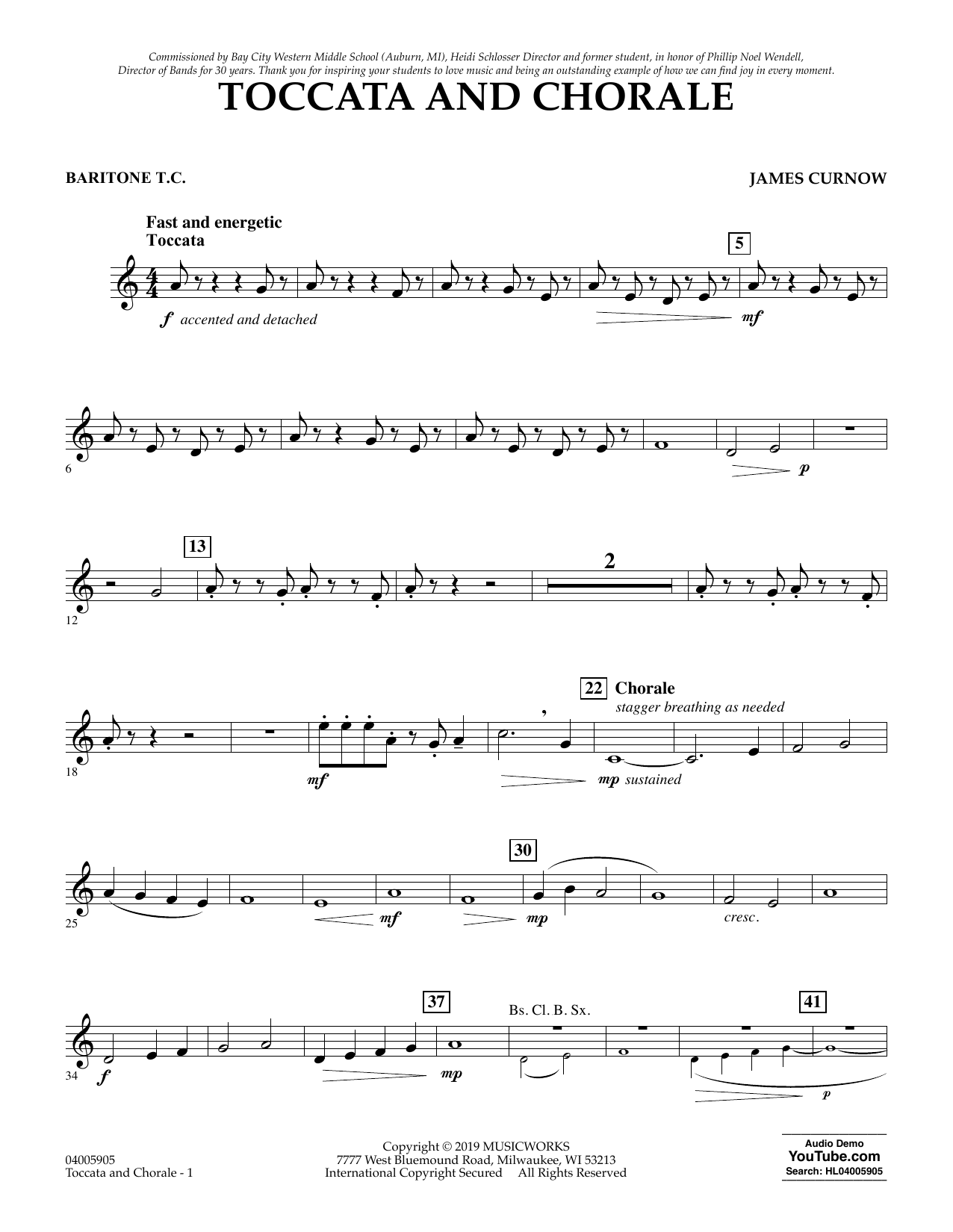 Learn to play James Curnow Toccata and Chorale - Baritone T.C. sheet music for Concert Band in minutes. James Curnow Toccata and Chorale - Baritone T.C. sheet music preview music notes and score for Concert Band including 2 page(s)