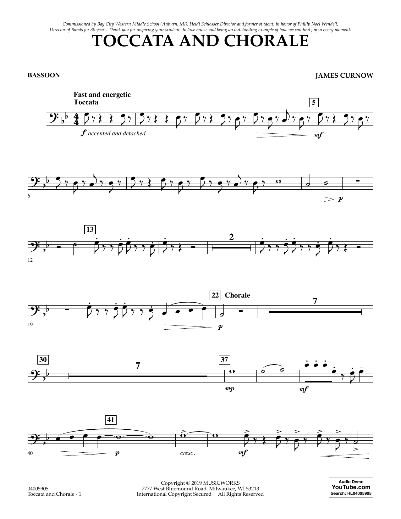 Learn to play James Curnow Toccata and Chorale - Bassoon sheet music for Concert Band in minutes. James Curnow Toccata and Chorale - Bassoon sheet music preview music notes and score for Concert Band including 2 page(s)